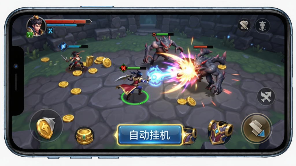 万界无双安卓版新手挂机界面示意图,主体为一部智能手机屏幕显示游戏自动打怪画面,布局为手机正面略微倾斜的展示视角,排版简洁突出屏幕内容,风格为数码产品展示图,细节包括屏幕中角色正在释放技能攻击怪物、地面上散落金币和装备、屏幕边缘有自动挂机按钮高亮显示,画质4K超清,干净明亮,无多余元素