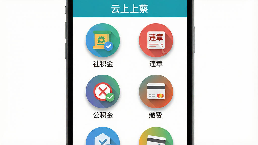 һ���ֻ�Ӧ�ù���ͼ��չʾͼ�����������ǡ������ϲ̡�APP�ı������ҳ�棬ҳ�������������š��籣���������𡱡�Υ�¡����ɷѡ���Բ��ͼ�ꡣ����Ϊ����״���У�����Ϊ����ɫ��ͼ��ɫ�����ޡ����Ϊ��ƽ����ƣ�ϸ����ͼ�����΢��Ӱ�����ʸ��壬�ɾ����޶���Ԫ�ء�