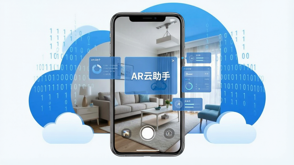 一张展示AR云助手软件界面的概念图。画面中央是一部智能手机,手机屏幕中显示着通过摄像头捕捉到的客厅场景,场景中悬浮着半透明的蓝色虚拟信息面板和数据标签,面板上写着“AR云助手”字样。手机周围环绕着抽象的云朵形状和二进制数据流线条,代表云端计算。整体风格为科技感、简洁明亮,采用蓝白配色,画质清晰,无杂乱元素。