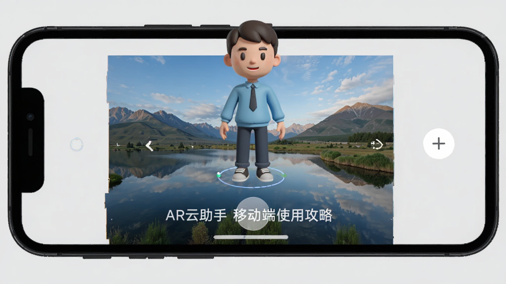 一张手机屏幕截图,显示AR云助手在识别一张风景照片后,照片上方叠加了一个3D卡通人物模型,屏幕下方有操作提示文字“AR云助手 移动端使用攻略”。画面清晰,手机边框为黑色,背景为纯色浅灰,风格为产品演示图,画质干净。