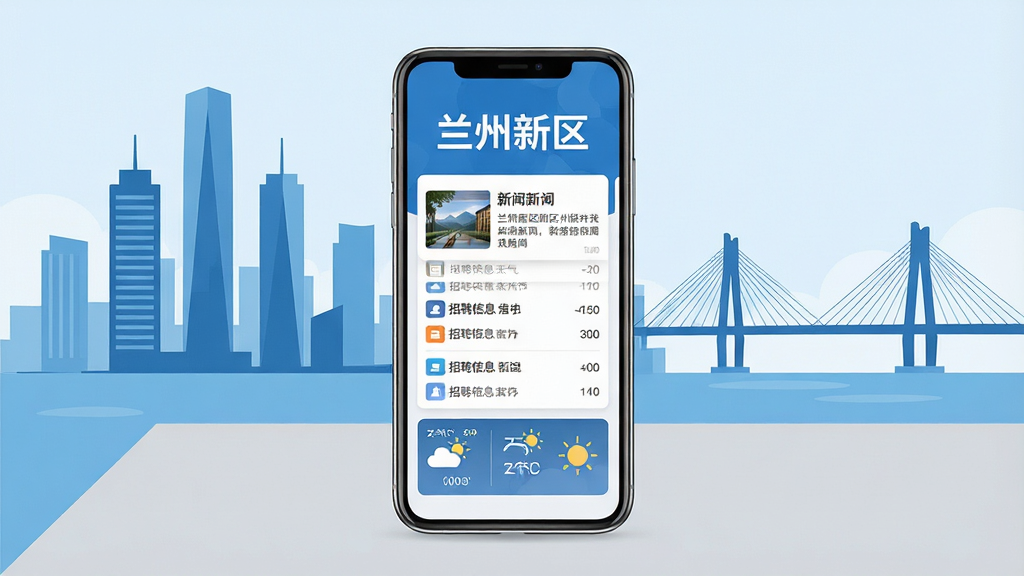 画面主体为一部智能手机,屏幕上展示着“兰州新区”四个大字的应用程序界面,界面中包含新闻资讯卡片、招聘信息列表和天气预报小部件。手机放置在浅灰色桌面上,背景是简洁的现代化城市剪影,包括高楼和桥梁。整体布局居中,采用扁平化设计风格,色彩以蓝色和白色为主,细节清晰,画质干净,无多余元素。