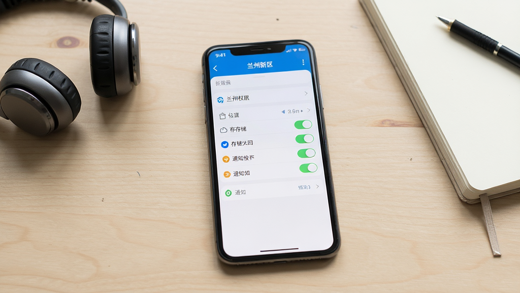 画面主体为“兰州新区”应用程序在手机上的设置权限界面截图,显示位置、存储、通知等权限开关。手机放置在浅色桌面上,旁边有耳机和笔记本。布局为手机屏幕正面展示,界面清晰。风格为科技产品展示,色彩简洁,画质干净,无多余元素。