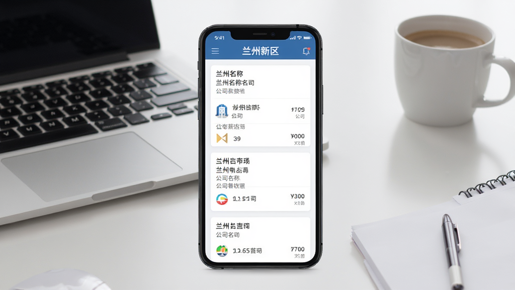 画面主体为“兰州新区”应用程序的招聘信息页面截图,页面展示多个职位卡片,包含岗位名称、公司名称和薪资范围。手机屏幕占据画面中心,背景为简洁的办公桌环境,有笔记本电脑和咖啡杯。布局为手机正面平放,屏幕内容清晰。风格为产品展示图,细节精致,画质干净,无多余元素。