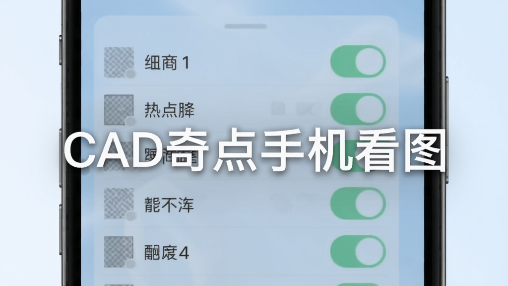 手机界面中显示图层管理面板,面板上有多个图层开关按钮,背景为浅蓝色调,风格简约清新,细节包括图层名称列表、开关状态图标、半透明遮罩效果,布局清晰,画质干净,图片中打上文字“CAD奇点手机看图”