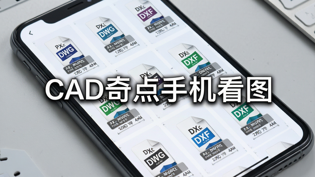 一部手机屏幕中同时展示多个CAD图纸文件缩略图,文件图标排列整齐,背景是浅灰色工作台面,画面风格清新商务,细节包括DWG和DXF格式标识、文件大小信息,整体布局简洁有序,画质高清,干净无多余元素,图片中打上文字“CAD奇点手机看图”