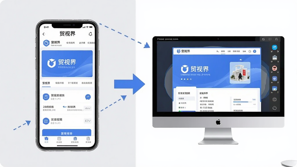 画面主体是一张对比图,左侧是手机屏幕显示贸视界移动端界面,右侧是电脑屏幕通过模拟器显示贸视界界面。布局为左右对比构图,中间用箭头连接。排版风格为教程说明图风格,色调以浅灰、白色、蓝色为主。细节上两侧屏幕中都要有“贸视界”的界面元素,手机和电脑的边框清晰,风格为扁平化教程插画,画质清晰,干净整洁,无多余装饰元素。