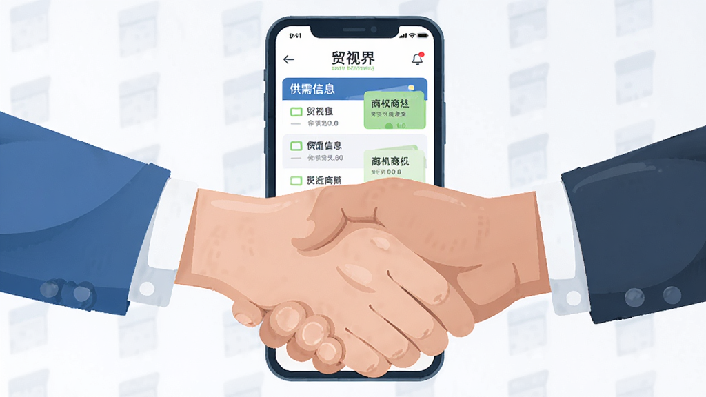 画面主体是两只手在手机屏幕前握手,屏幕中显示着供需信息列表和商机卡片。布局采用居中特写构图,手机屏幕占据画面中心。排版风格为简洁商务风,色调以白色、蓝色、浅绿色为主。细节上屏幕内要有“贸视界”的供需信息界面,握手动作要自然,风格为扁平化商业插画,画质高清,干净无多余元素。