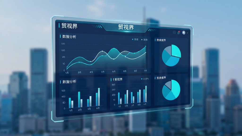 画面主体是一块悬浮在空中的半透明数据面板,面板上显示着折线图、柱状图、饼图等多种图表,背景是模糊的城市天际线。布局为居中偏上的悬浮构图。排版风格为未来科技感数据可视化,色调以深蓝、青色、白色为主。细节上面板中要有“贸视界”的数据分析界面元素,图表线条清晰,风格为科技感数据插画,画质高清,干净利落,无多余杂乱元素。