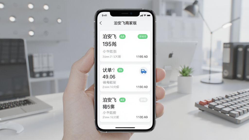 智能手机屏幕展示“泊安飞商家版”订单管理界面,主体为手机与订单列表,布局居中,排版清晰,风格现代商务,细节包括订单卡片、状态标签、时间信息和接驳图标,画质高清,干净,无多余元素