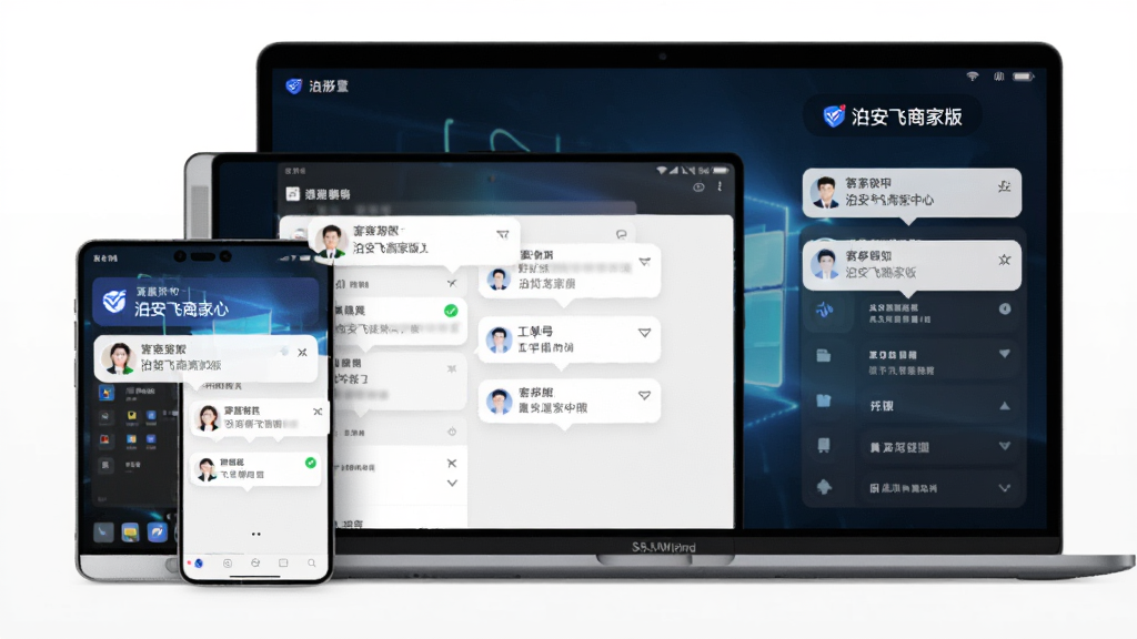 手机与电脑多屏联动展示“泊安飞商家版”消息通知中心,主体为多设备组合,布局横向排列,排版错落有致,风格科技简约,细节包括通知气泡、客服头像、工单编号和已读标记,画质高清,干净,无多余元素