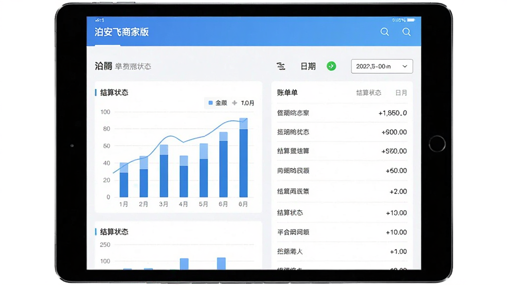 平板电脑展示“泊安飞商家版”费用结算页面,主体为数据图表与账单列表,布局左右分栏,排版规整,风格简洁专业,细节包括柱状图、金额数字、结算状态和日期筛选,画质高清,干净,无多余元素
