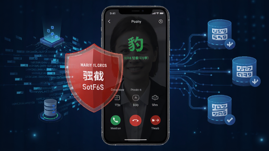骚扰电话拦截豹智能拦截引擎工作示意图,画面中央为手机来电界面,一个红色盾牌挡住骚扰电话,背景为数据流和号码库图标,风格科技简洁,画质清晰干净,无多余元素