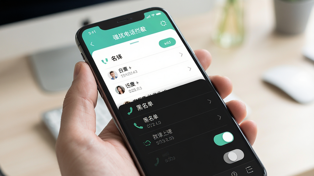 骚扰电话拦截豹黑白名单管理界面,手机屏幕显示白名单和黑名单列表,带有添加按钮和开关控件,界面配色清新,风格简约实用,画质清晰干净,无多余元素