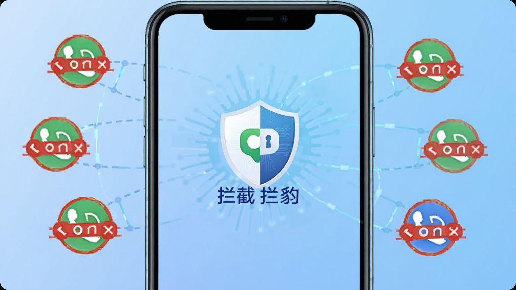 骚扰电话拦截豹软件主界面展示,手机屏幕中央显示拦截豹Logo和盾牌图标,背景为浅蓝色渐变,周围环绕被拦截的骚扰电话图标,整体风格简洁科技感,画质清晰干净,无多余元素