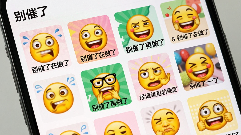 一张展示“别催了”APP表情图片库界面的图片,画面主体是手机屏幕,屏幕上以网格形式排列多张趣味表情图片,每张图片带有不同的搞笑文字,如“别催了在做了”“别催了再做了”等,界面风格活泼,背景为白色,表情图片色彩丰富,画质清晰,图片中文字“别催了”清晰可见,干净无多余元素