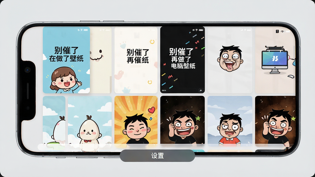 一张展示“别催了”APP壁纸设置界面的图片,画面中手机屏幕显示多张壁纸预览图,包括“别催了在做了壁纸”和“别催了再做了电脑壁纸”等样式,壁纸风格多样,有卡通、简约、搞笑等类型,界面底部有设置按钮,背景为浅灰色,整体排版整洁,画质清晰,图片中文字“别催了”清晰可见,无多余元素