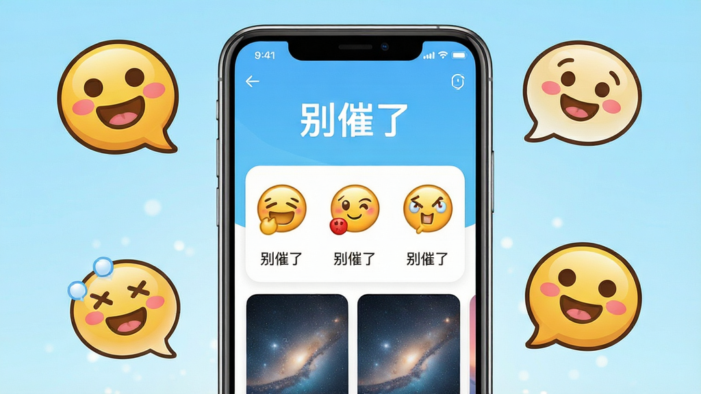 一张展示“别催了”手机应用主界面的图片,画面中央是一部竖屏智能手机,屏幕上显示“别催了”APP的首页,包含多个表情图片和壁纸缩略图,界面色彩明快活泼,背景为浅蓝色渐变,手机周围散落着几个卡通风格的表情气泡,整体风格清新可爱,细节丰富,画质清晰干净,无多余元素,图片中文字“别催了”清晰可见
