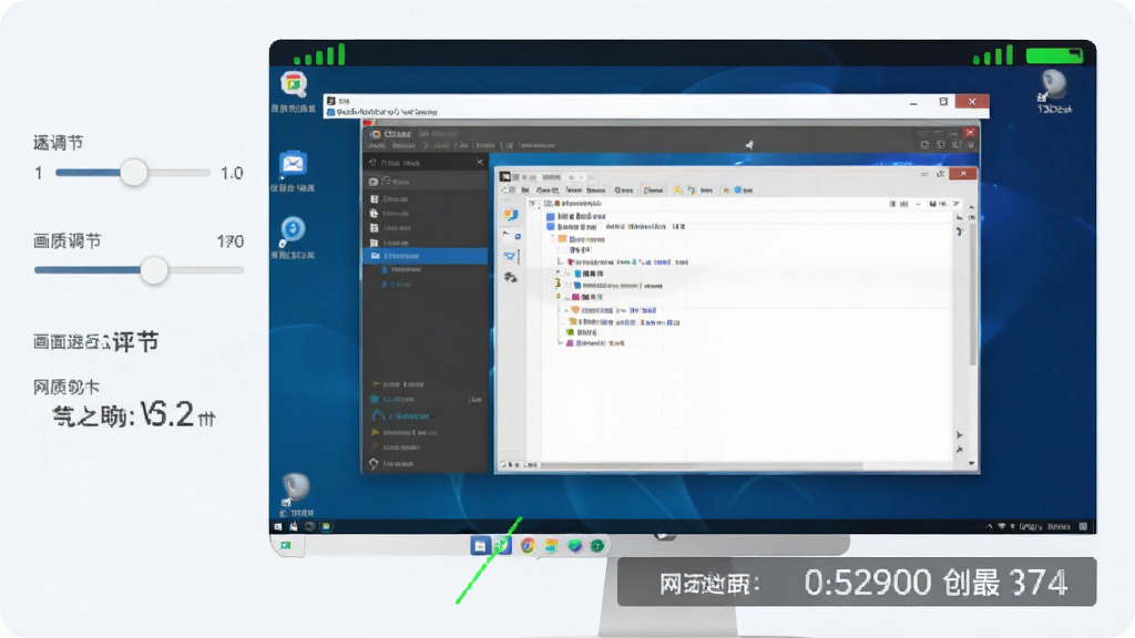 一张展示T3Desk远程桌面画面流畅传输效果的示意图,画面中远程桌面显示清晰的操作界面,窗口边缘有网络状态指示条,整体风格为技术展示,细节包括画质调节滑块、网络延迟数值显示,画质清晰,干净,无多余元素