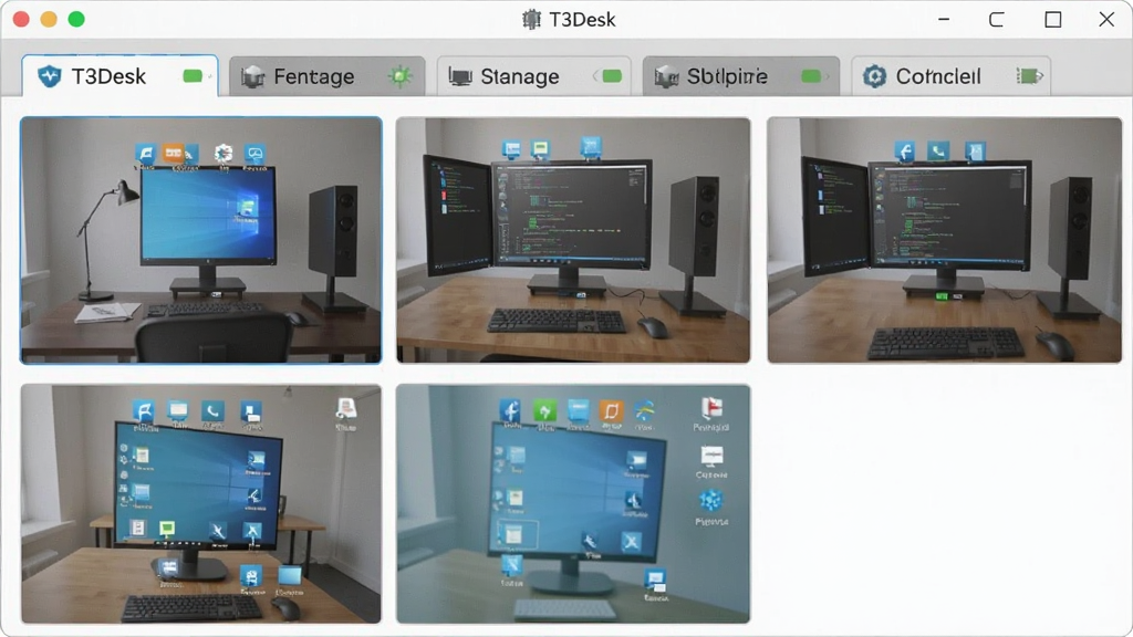 一张展示T3Desk多标签远程连接功能的示意图,画面中软件窗口顶部有多个标签页,每个标签页对应不同的远程桌面画面,标签页上有主机名称标识,整体布局清晰有序,风格为现代软件界面展示,细节包括标签页高亮状态、连接状态图标,画质清晰,干净,无多余元素
