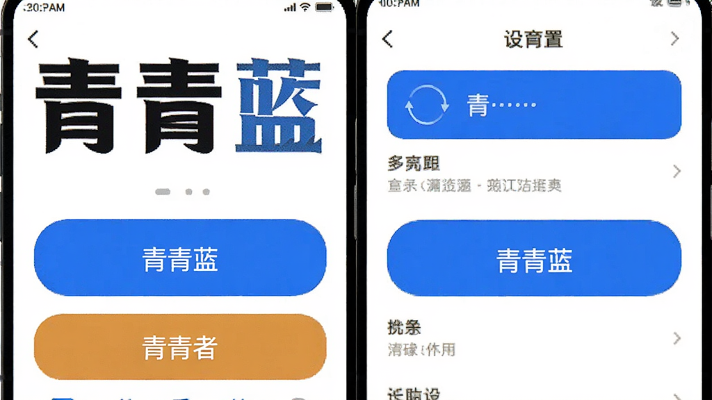 一部手机展示“青青蓝”应用的主界面和设置页面并排对比,界面采用大字体、高对比度配色,按钮宽大易点击,背景为纯白色,画面风格为移动端UI设计展示图,布局清晰,细节干净,无多余元素