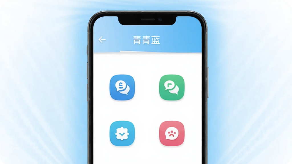 一部安卓手机屏幕中央显示“青青蓝”软件主界面,界面简洁清爽,上方是淡蓝色渐变标题栏,中间排列着几个功能图标,背景是纯白色,手机周围环绕着柔和的浅蓝色光晕,画面风格为扁平化UI设计展示图,细节清晰,画质干净,无多余元素