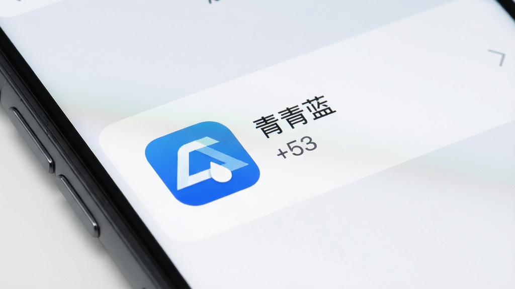 一部手机屏幕显示存储空间管理界面,“青青蓝”应用图标旁边标注着极小的占用空间数值,背景是干净的浅灰色,画面风格为简洁的信息图表式UI展示,细节清晰,画质干净,无多余元素