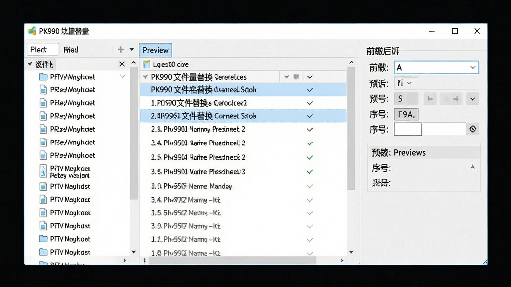 一张展示PK990文件名批量替换软件添加前后缀与序号功能的示意图,主体为软件界面,布局为左侧文件列表、右侧前缀后缀设置面板,排版展示序号自动生成的预览效果,风格为清新浅色风,细节包括数字序号、文件名预览列表,画质高清,干净,无多余元素