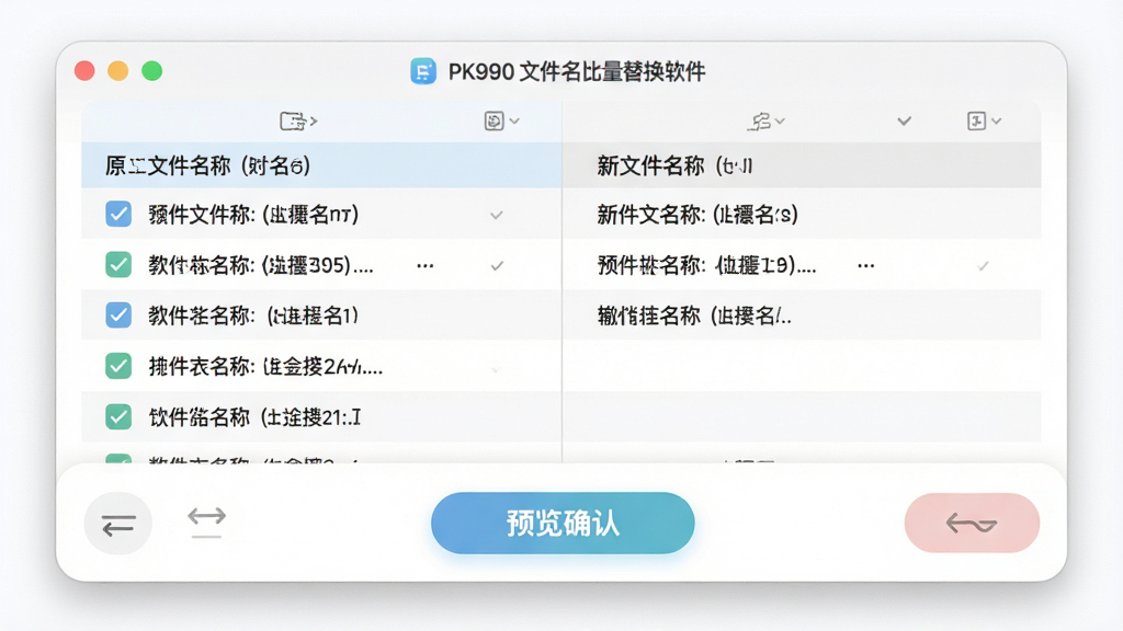 一张展示PK990文件名批量替换软件实时预览与撤销功能的示意图,主体为软件预览窗口,布局为左侧原文件名、右侧新文件名对比列表,排版突出预览确认按钮,风格为柔和圆角风,细节包括勾选标记、撤销按钮图标,画质高清,干净,无多余元素