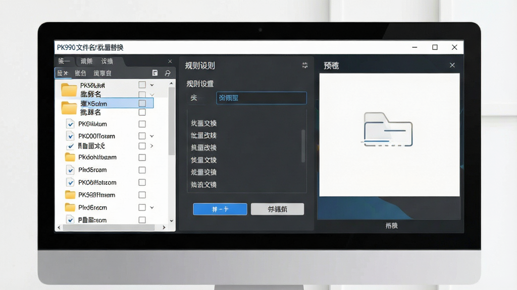 一张展示PK990文件名批量替换软件操作流程的示意图,主体为电脑屏幕上的软件界面,布局为左侧文件列表、中间规则设置、右侧预览窗口,排版清晰展示批量改名步骤,风格为现代简约商务风,细节包括文件夹图标、文件名列表、操作按钮,画质高清,干净,无多余元素