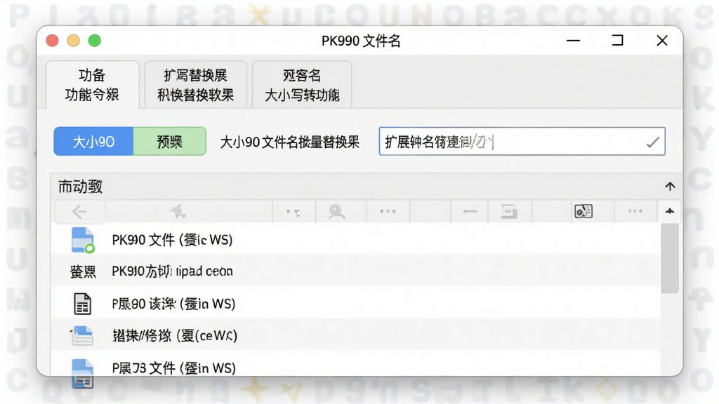 一张展示PK990文件名批量替换软件扩展名修改与大小写转换功能的示意图,主体为软件操作面板,布局为上方功能选项卡、下方文件预览列表,排版清晰展示大小写转换效果,风格为素雅极简风,细节包括大写小写切换按钮、扩展名输入框,画质高清,干净,无多余元素