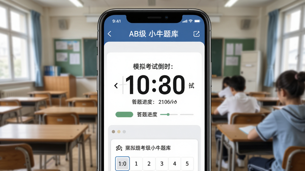 英语AB级小牛题库 模拟考试倒计时界面,手机屏幕显示考试计时器和答题卡,背景为考场教室场景,布局居中突出计时器,风格严肃考试氛围,细节包含答题进度和剩余时间,画质高清,干净,无多余元素