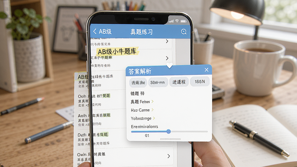 英语AB级小牛题库 真题练习界面,手机屏幕显示历年真题列表和答案解析弹窗,背景为书桌场景,布局上下结构,风格清新学习风,细节包含错题标记和进度条,画质高清,干净,无多余元素