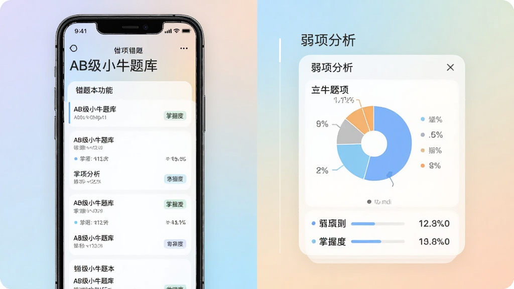 英语AB级小牛题库 错题本功能界面,手机屏幕展示错题列表和弱项分析图表,背景为柔和渐变色调,布局卡片式排列,风格简约学习工具风,细节包含饼状图和掌握度标签,画质高清,干净,无多余元素
