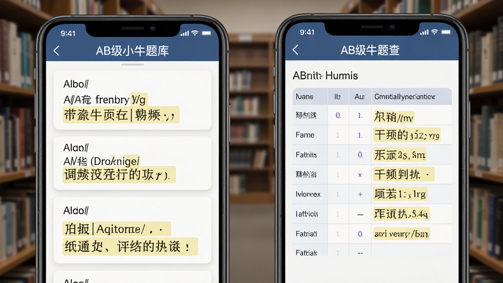 英语AB级小牛题库 高频词汇速查界面,手机屏幕显示单词卡片和语法表格,背景为图书馆书架场景,布局左右分栏,风格清爽学术风,细节包含音标和例句高亮,画质高清,干净,无多余元素