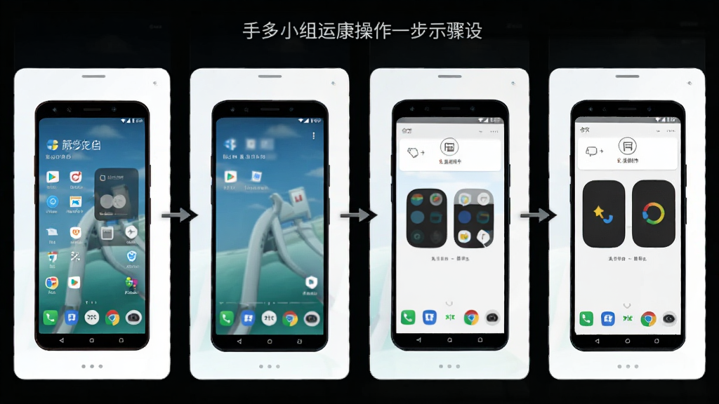 手机桌面运动健康操作步骤示意图,画面展示安卓手机从桌面长按到添加小组件的完整流程,分步骤排列,每一步都有手机屏幕截图示意,风格简洁明了,排版清晰,画质干净,无多余装饰