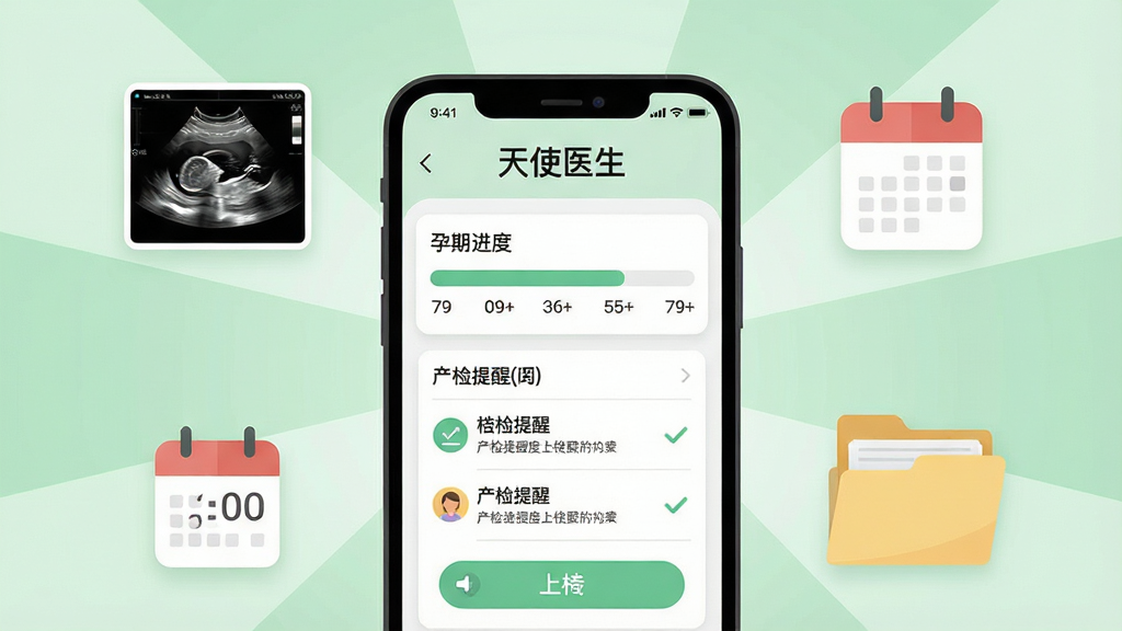 一幅展示“天使医生”孕期档案管理界面的场景图,画面中央为手机屏幕显示孕周进度条和产检提醒列表,周围环绕着B超单缩略图、日历图标和档案文件夹,背景为柔和的浅绿色,布局采用中心放射状,风格为清新扁平化设计,细节包括孕周数字、勾选标记和上传按钮,画质干净清晰,无多余装饰。