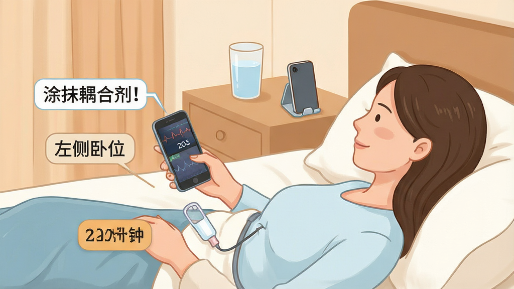 一幅展示孕期胎心监护操作要点的信息图,画面主体为一位准妈妈侧卧在床上使用手机连接胎心监护仪,旁边标注出“涂抹耦合剂”“左侧卧位”“20分钟”等提示标签,背景为温馨的卧室环境,布局采用场景化构图,风格为简洁医疗科普插画,细节包括床头柜、水杯和手机支架,画质清晰干净,无多余元素。