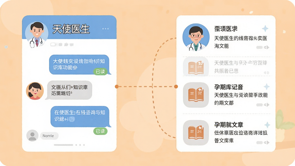 一张表现“天使医生”在线咨询与知识库功能的插图,画面左侧为医生在线聊天气泡界面,右侧为孕期科普文章列表,中间用虚线连接,背景为温暖的浅橙色,布局采用左右对称,风格为友好医疗插画,细节包括医生头像、对话气泡、书本图标和“已读”标记,画质清晰,无多余元素。
