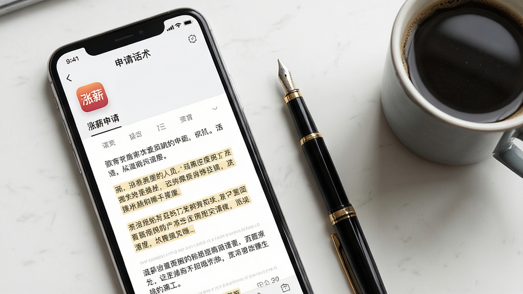 一张展示涨薪申请话术界面的手机截图风格图片,画面中一部手机屏幕内显示文档列表与文字段落,文档标题区域有
