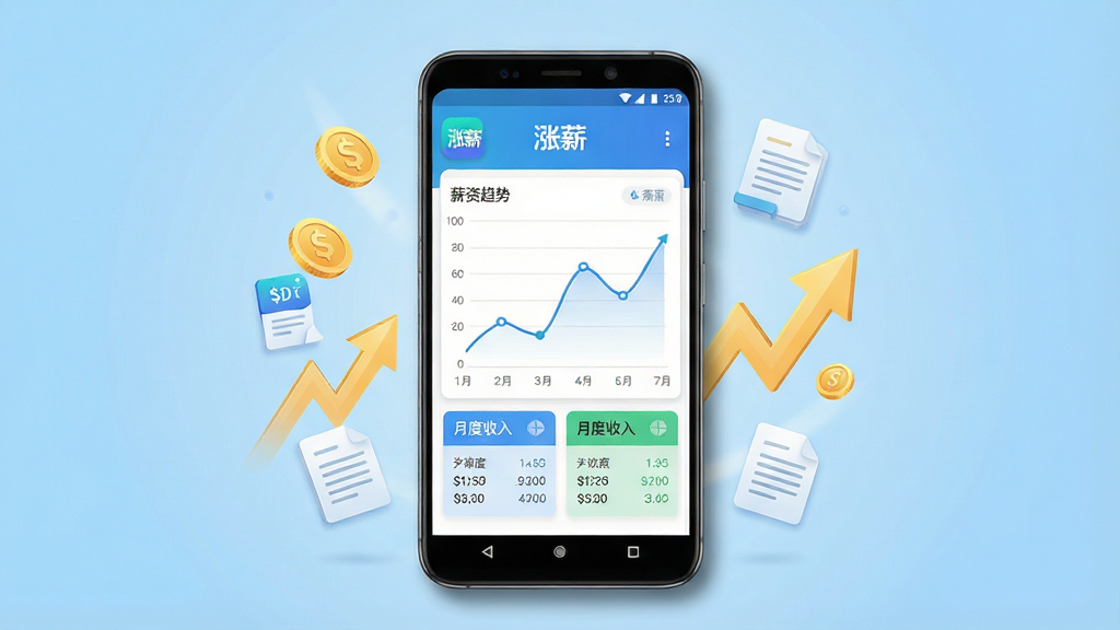 一张展示涨薪APP核心界面的手机模型图,画面中央是一部竖屏安卓手机,屏幕内显示薪资趋势折线图与月度收入卡片,图表上方有