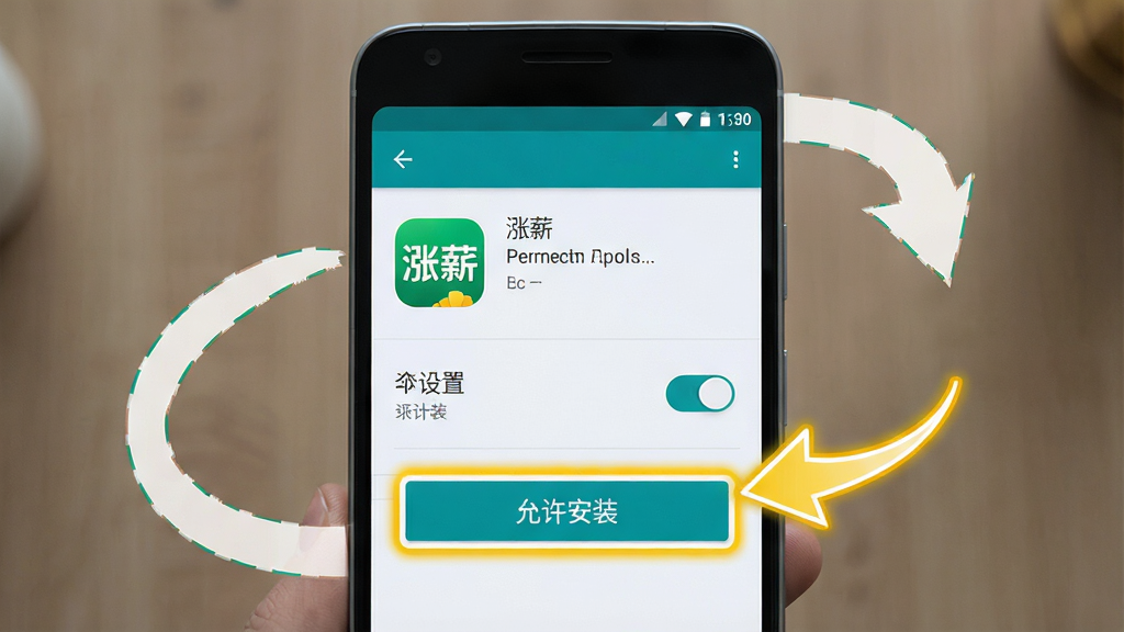 一张展示手机应用安装设置界面的示意图,画面中一部安卓手机屏幕显示权限管理页面,页面中有