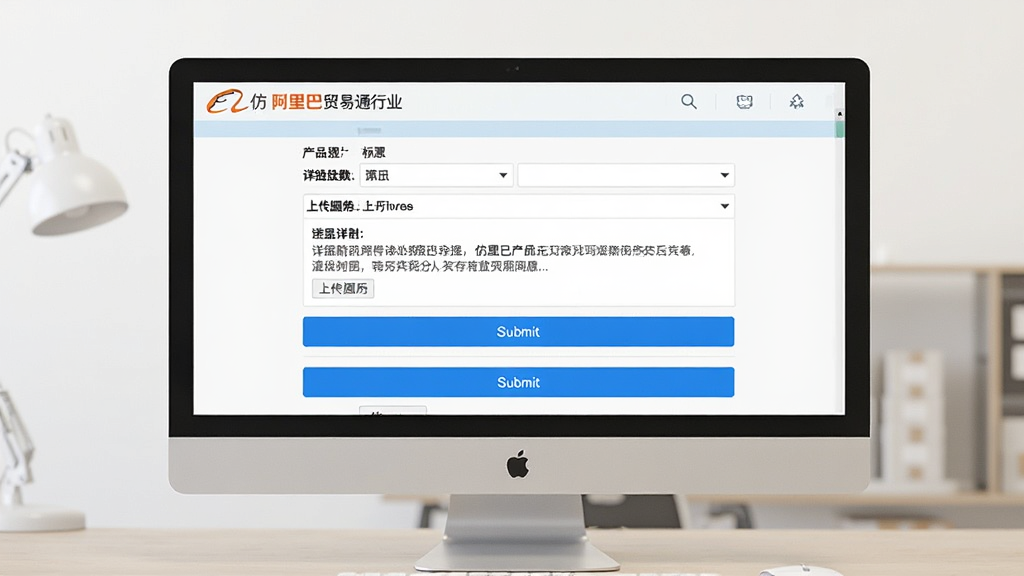 一张展示仿阿里巴巴贸易通行业网站源码供求信息发布页面的图片,画面主体是电脑屏幕上的信息填写表单,包含产品标题、详细描述、上传图片按钮,布局为从上到下的表单结构,风格为清爽简洁,细节包含蓝色提交按钮和分类下拉菜单,画质清晰干净,无多余元素