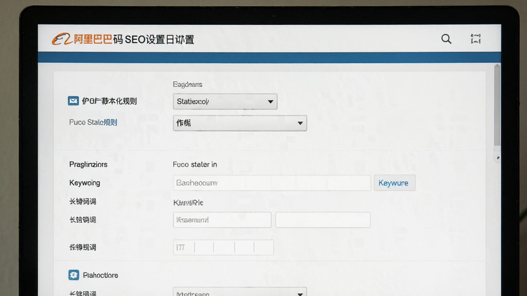 一张展示仿阿里巴巴贸易通行业网站源码SEO设置后台的图片,画面主体是电脑屏幕上的SEO参数配置面板,布局为从上到下的设置项排列,风格为简洁实用,细节包含伪静态规则下拉框和关键词输入框,画质清晰干净,无多余元素