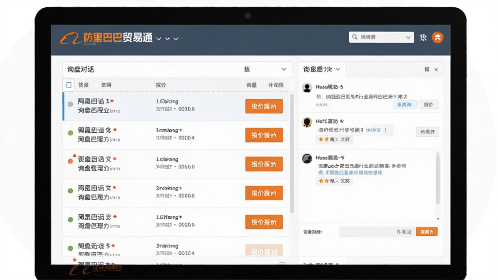一张展示仿阿里巴巴贸易通行业网站源码询盘管理界面的图片,画面主体是电脑屏幕上的询盘对话列表,布局为左侧询盘列表右侧聊天窗口,风格为现代商务,细节包含未读消息红点和报价按钮,画质清晰干净,无多余元素