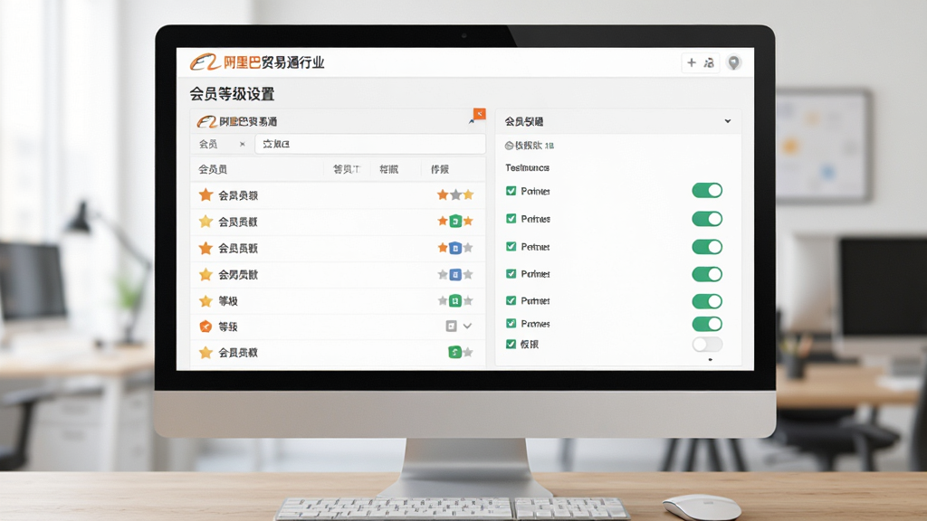 一张展示仿阿里巴巴贸易通行业网站源码会员管理后台的图片,画面主体是电脑屏幕上显示的会员等级设置面板,布局为左右分栏,左侧是会员列表,右侧是权限勾选区域,风格为简约商务,细节包含等级图标和权限开关按钮,画质清晰干净,无多余元素
