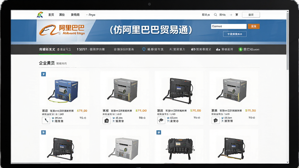 一张展示仿阿里巴巴贸易通行业网站源码企业黄页页面的图片,画面主体是电脑屏幕上的企业店铺首页,布局为顶部横幅加产品网格展示,风格为专业商务,细节包含公司Logo、联系方式和产品缩略图,画质清晰干净,无多余元素