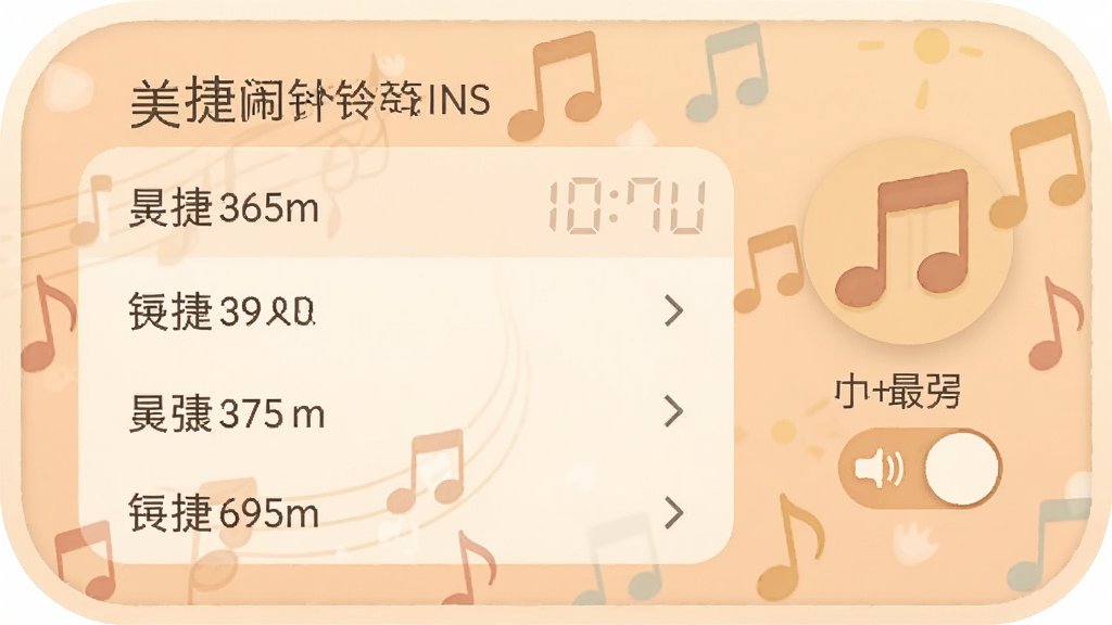 一张美捷闹钟铃声设置界面的图片,画面中显示铃声列表和音量渐强开关,旁边有音符图标装饰,界面风格柔和,配色温暖,画质清晰,无多余元素
