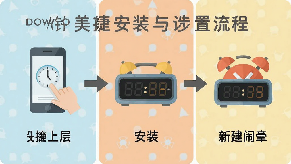 一张美捷闹钟安装与设置流程的示意图,画面中展示从下载到安装再到新建闹钟的步骤,每个步骤用简洁的图标和文字标注,整体风格扁平化,配色清爽,画质清晰,无多余元素