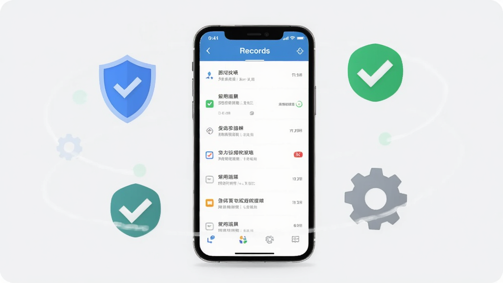 一张展示全记得APP在手机上稳定运行的示意图,画面中手机屏幕显示记录列表正常加载,手机周围有盾牌、对勾、齿轮等图标环绕,背景为浅灰色,整体风格简约商务,画质清晰,画面干净无多余装饰