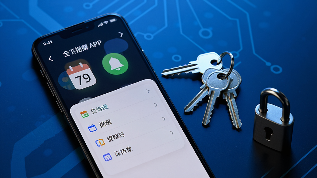 一部手机屏幕显示全记得APP的提醒设置界面,画面中有日历图标和铃铛图标,手机旁边有一串钥匙和一个安全锁的小模型,背景为深蓝色科技感渐变,整体风格简洁现代,画质高清,无杂乱元素